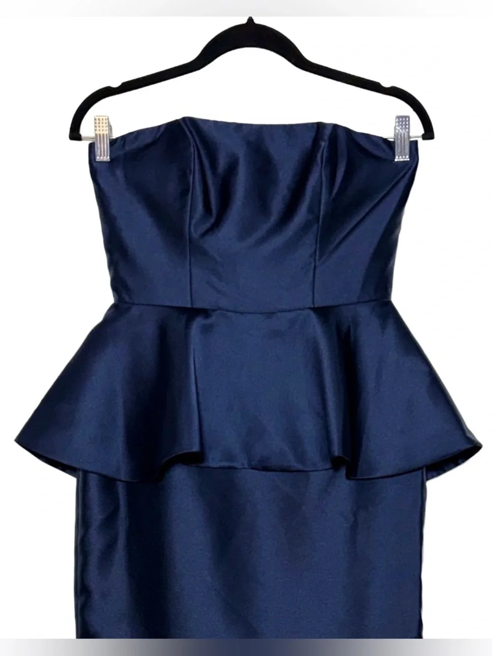 NWT Alfred Sung Strapless Ruffle Peplum Satin Column Gown in Midnight Navy, 2R - Picture 7 of 15